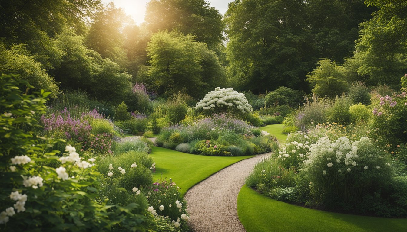 A lush garden filled with a variety of native UK trees, surrounded by blooming flowers and buzzing with diverse wildlife