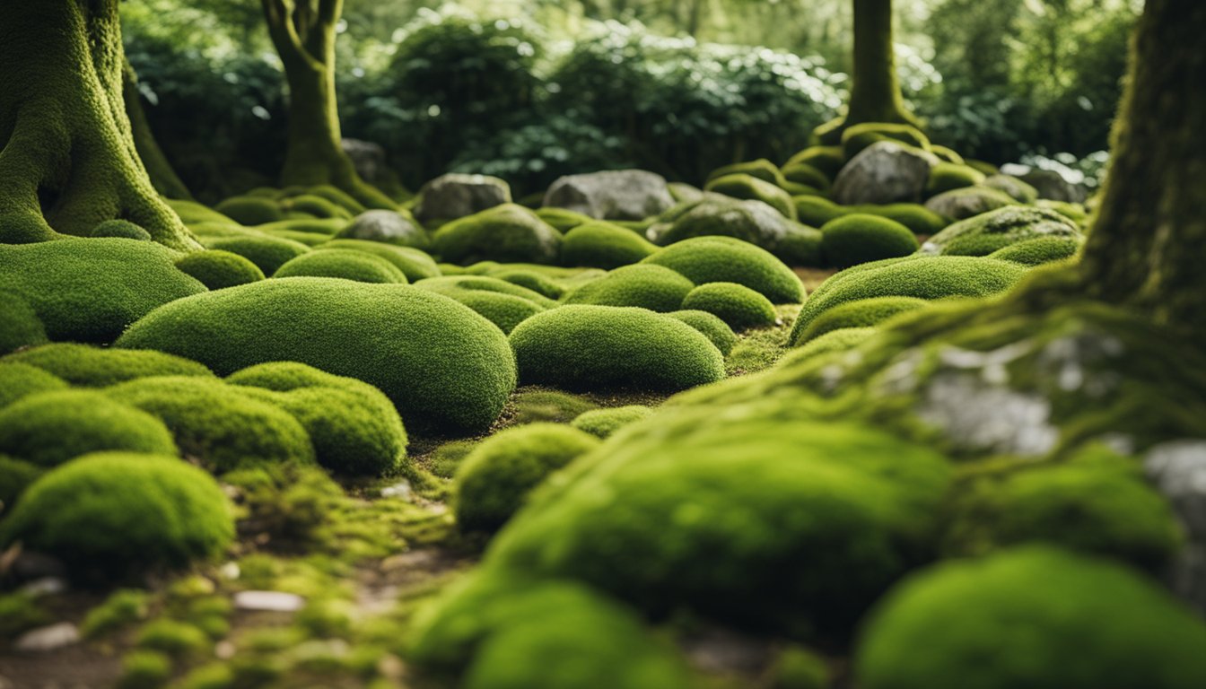 A lush garden bed with native UK moss covering the ground, surrounding rocks, and creeping up the base of trees