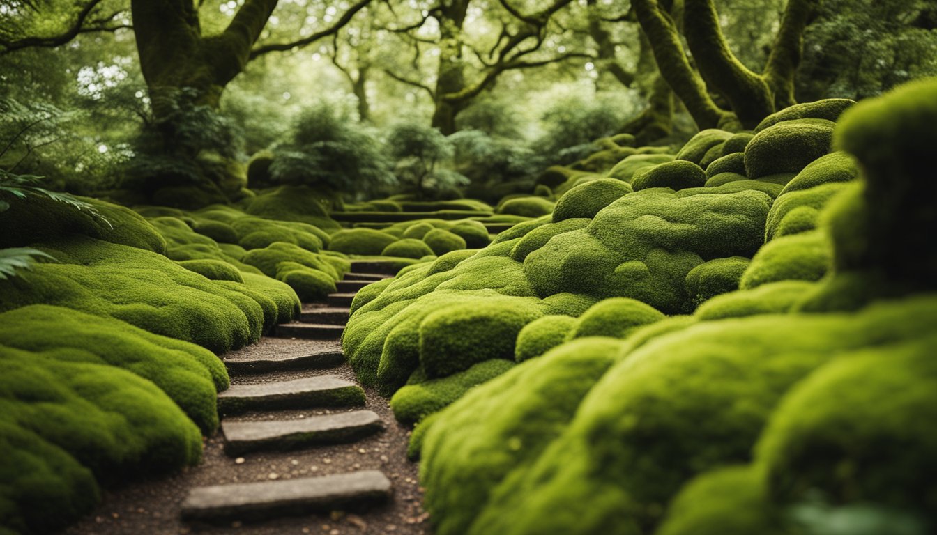 A lush garden with native UK moss covering the ground and climbing up the sides of trees and rocks, creating a natural and serene atmosphere