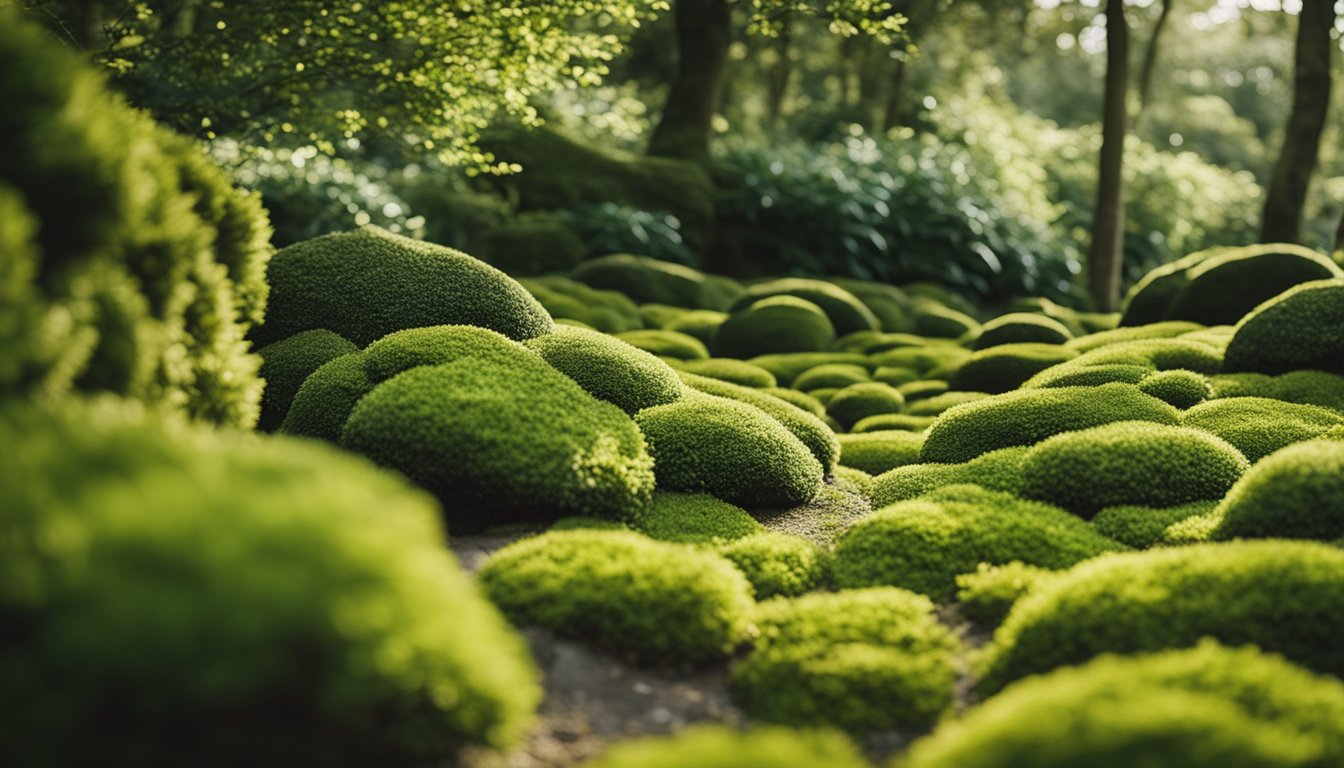 A lush garden with native UK moss integrated into the design, covering the ground and wrapping around trees and rocks