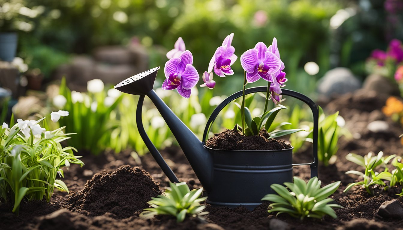 A lush garden with various native UK orchids blooming amidst carefully arranged soil, rocks, and mulch. A small watering can and gardening tools are scattered nearby