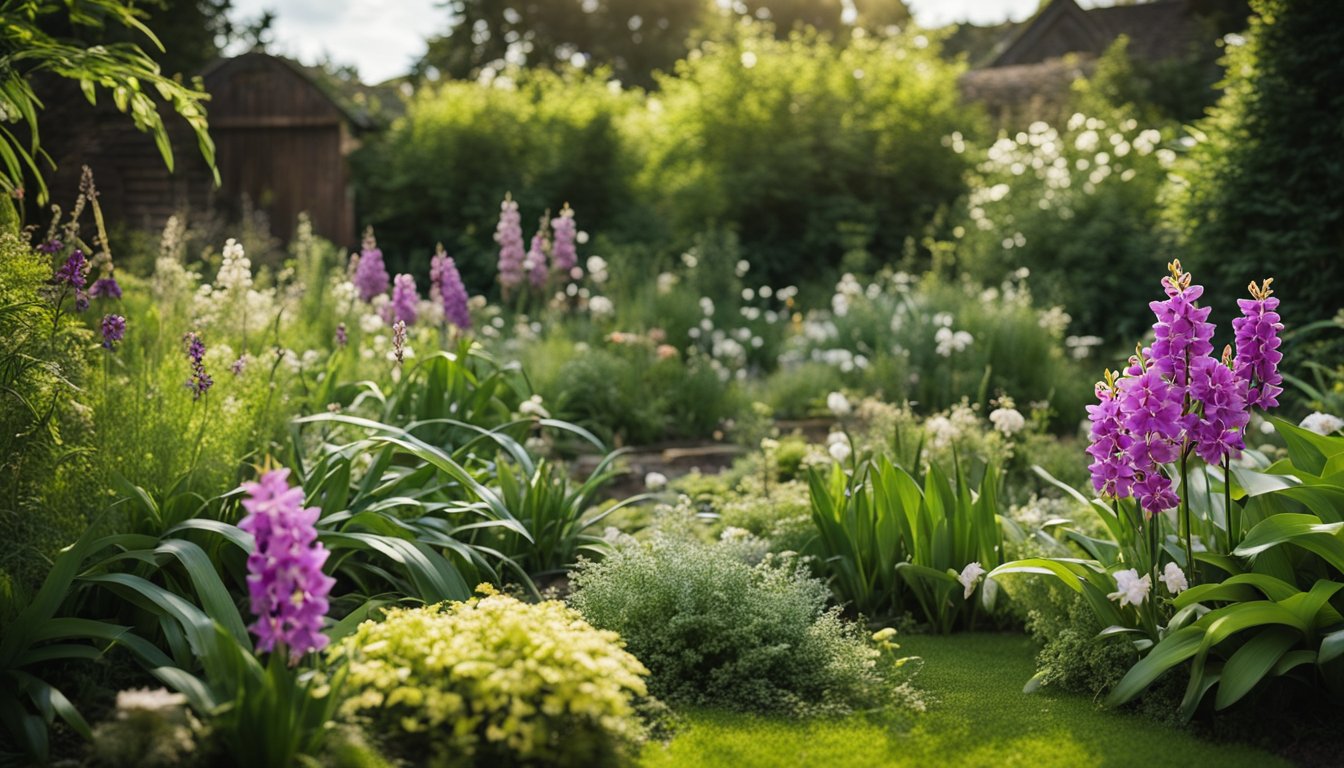 A lush garden with various native UK orchids thriving in carefully tended soil, surrounded by a diverse array of other native plants