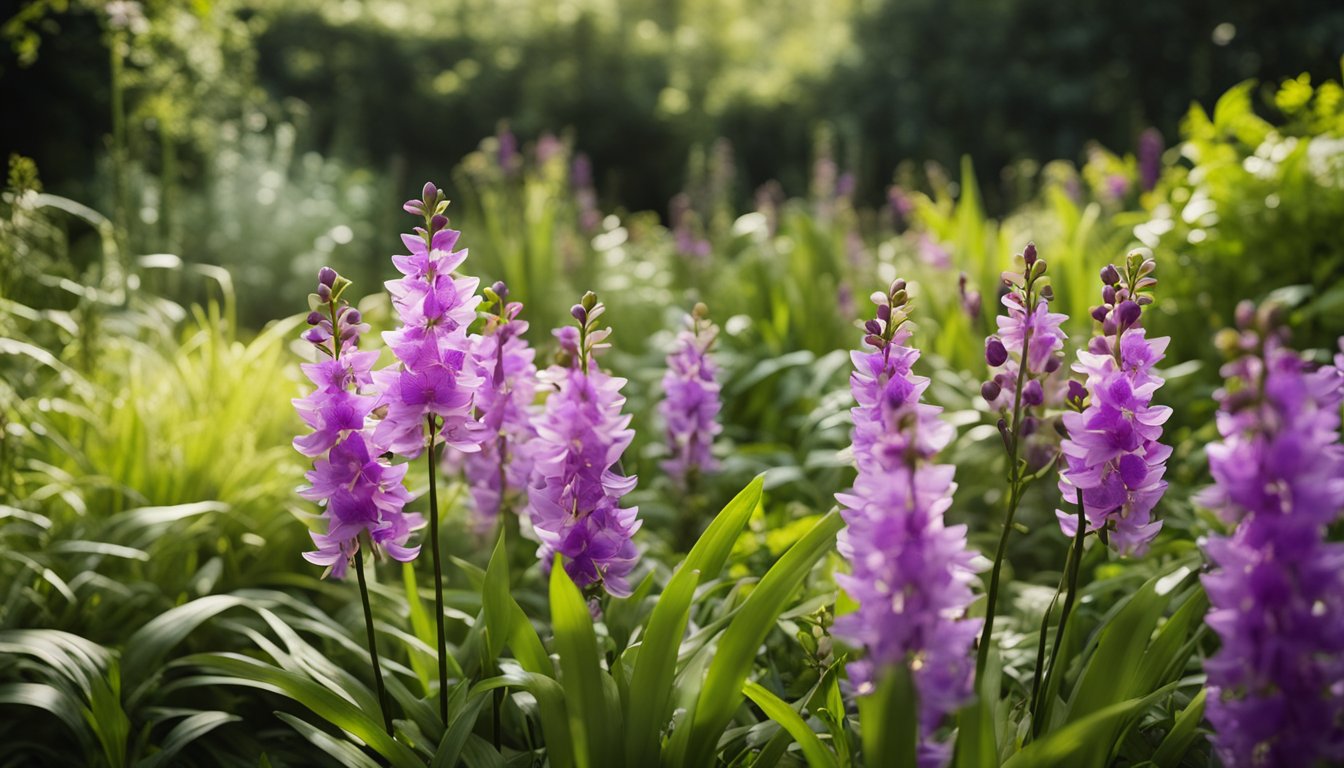 A lush garden with various native UK orchids thriving in the soil, surrounded by vibrant green foliage and delicate wildflowers