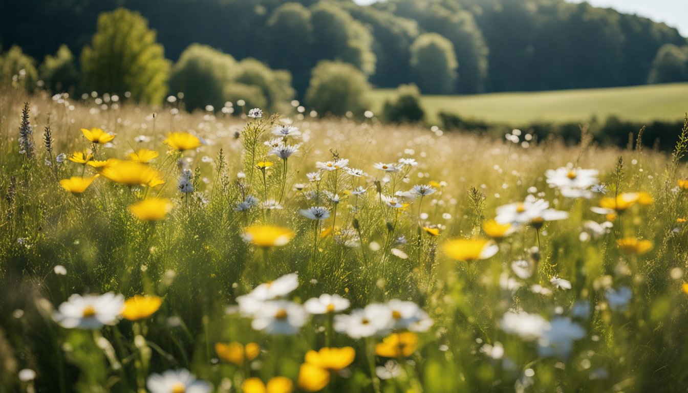 A sunny field with diverse native UK wildflowers, surrounded by trees and a clear blue sky