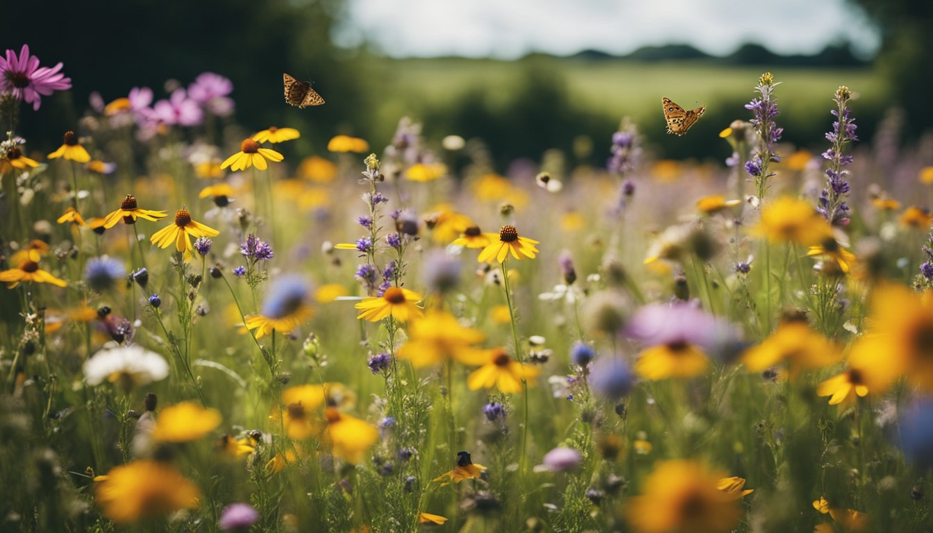 A lush, colorful meadow of native UK wildflowers in full bloom, with bees and butterflies flitting among the vibrant petals