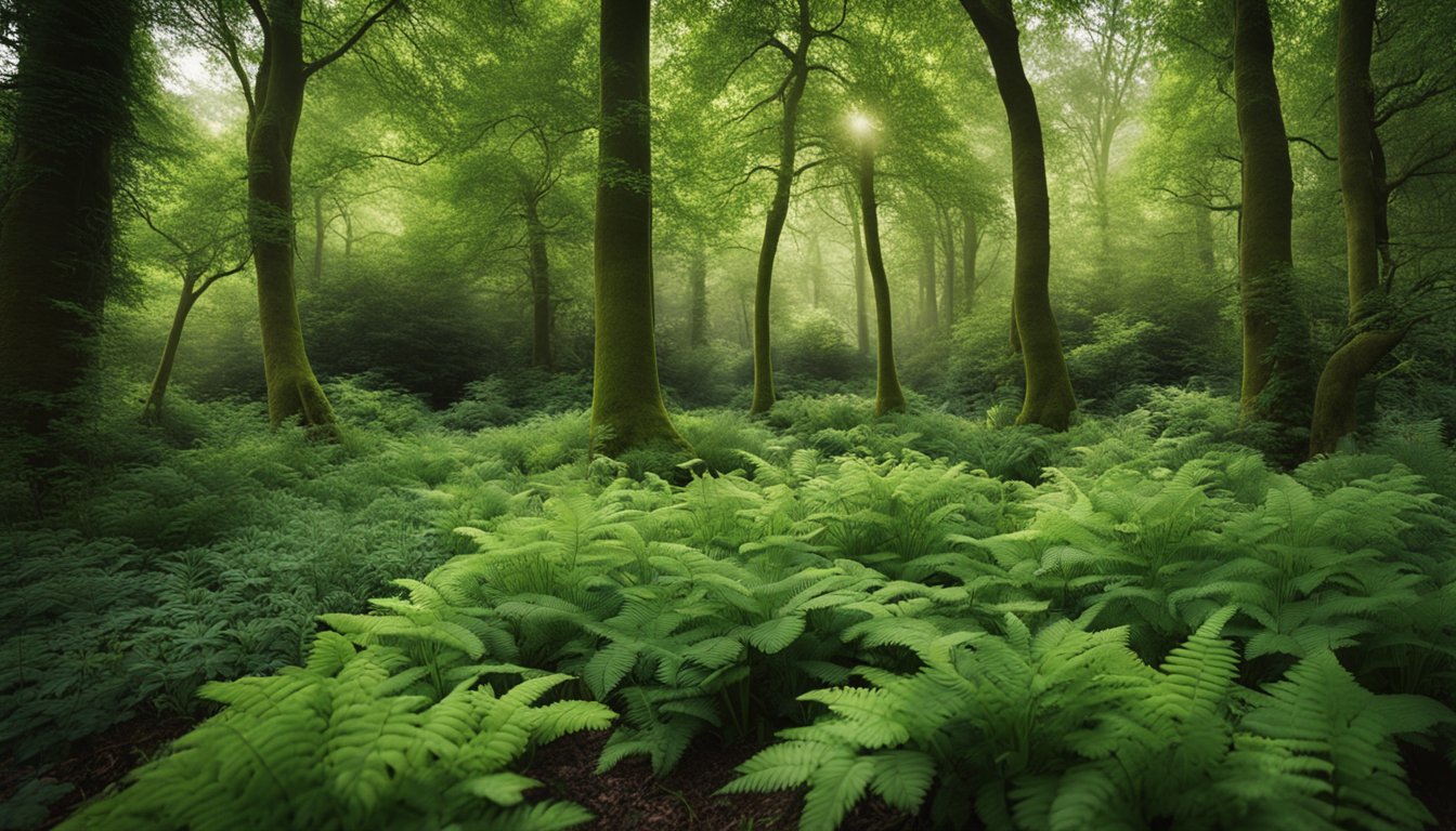 A woodland scene with native UK plants thriving in the dry shade, featuring ferns, hellebores, and foxgloves under the canopy of mature trees