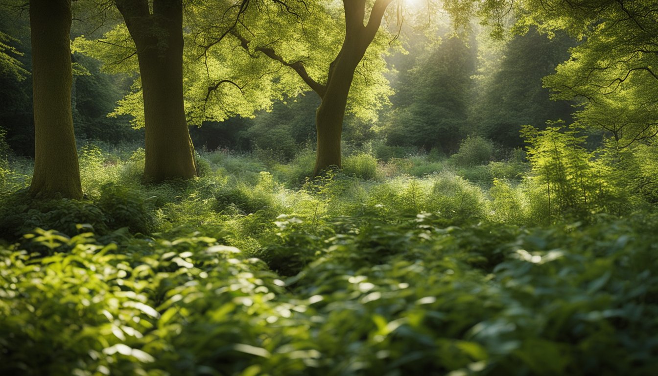 A woodland garden with native UK plants in dappled sunlight, providing habitat for wildlife such as birds, insects, and small mammals