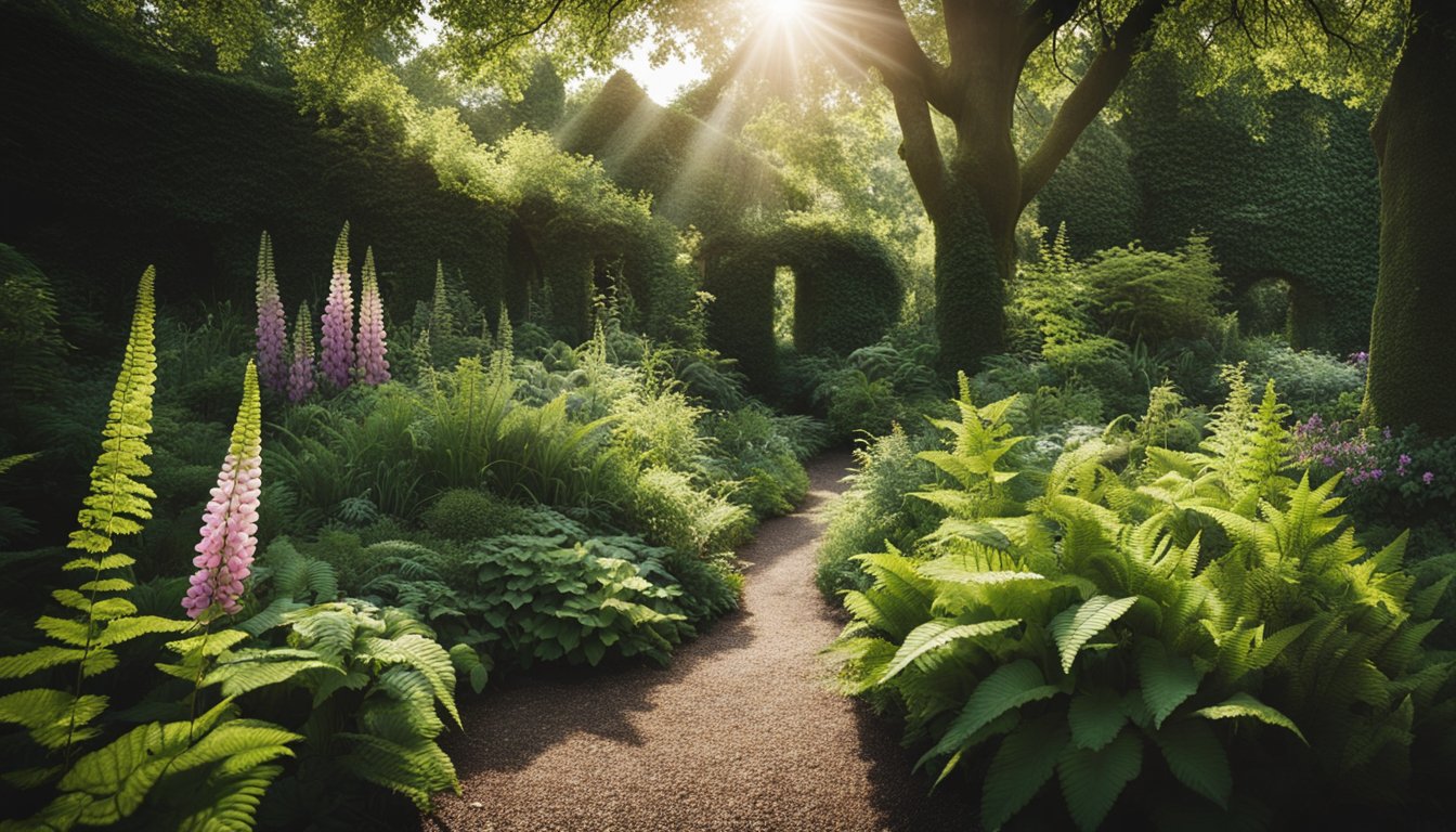 A shady garden with native UK plants, featuring ferns, ivy, and foxgloves, with dappled sunlight filtering through the trees