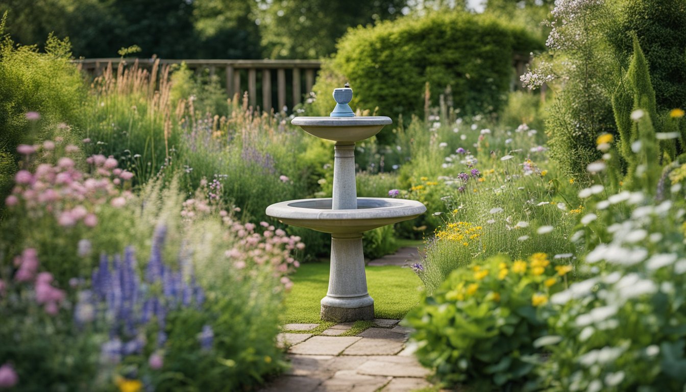 A small UK garden with native plants, a mix of wildflowers, grasses, and shrubs. A budget-friendly design with winding paths and a birdbath