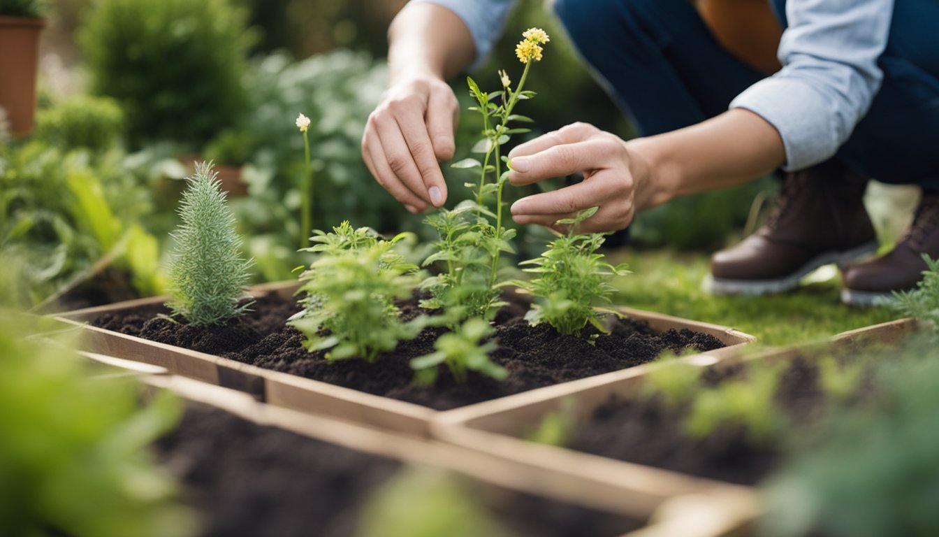 A person planting a variety of native UK plants in a small garden, carefully arranging them to create a natural and budget-friendly landscape