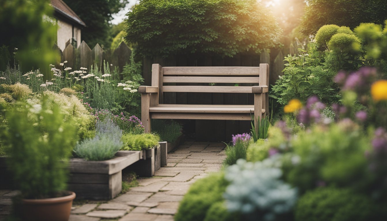 A small, cozy garden with native UK plants, a bird feeder, and a rustic bench surrounded by budget-friendly landscaping