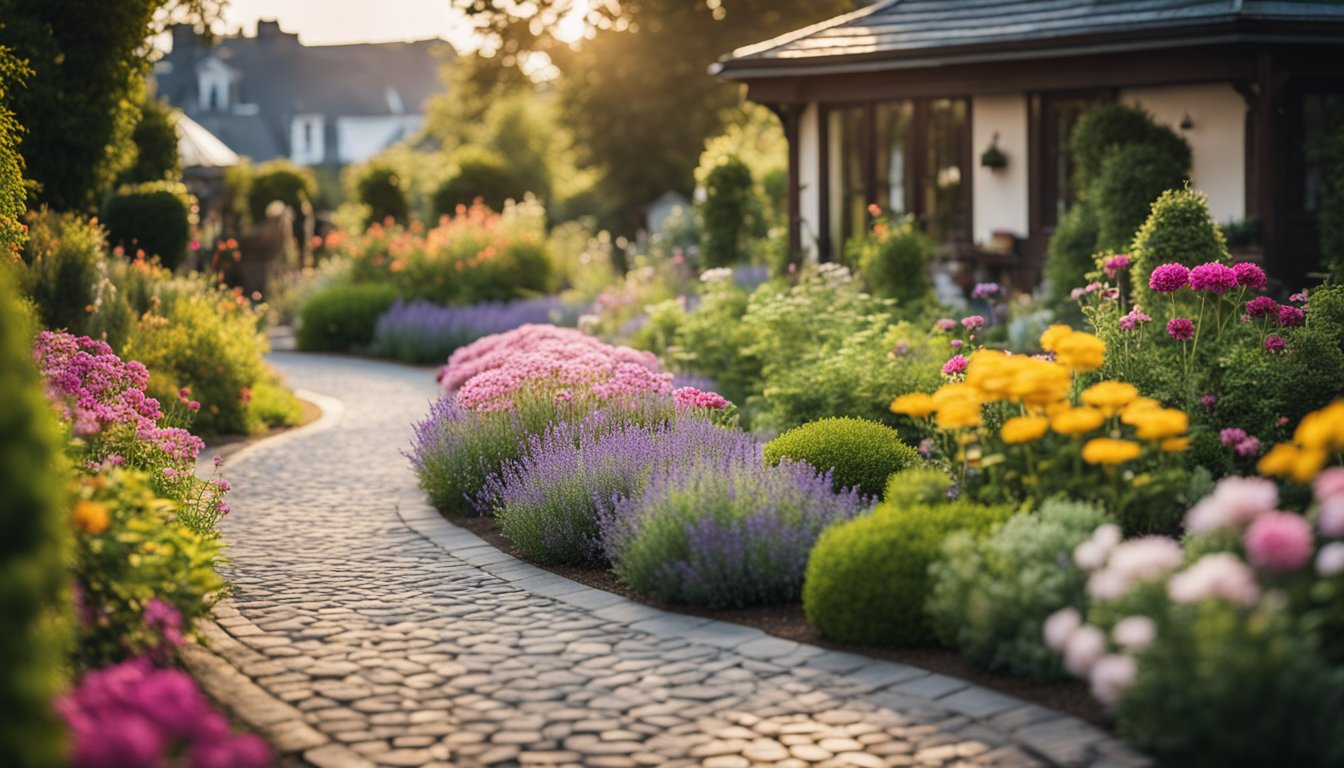 A winding garden path made from reclaimed materials, surrounded by vibrant flowers and well-maintained shrubs, leading to a charming seating area