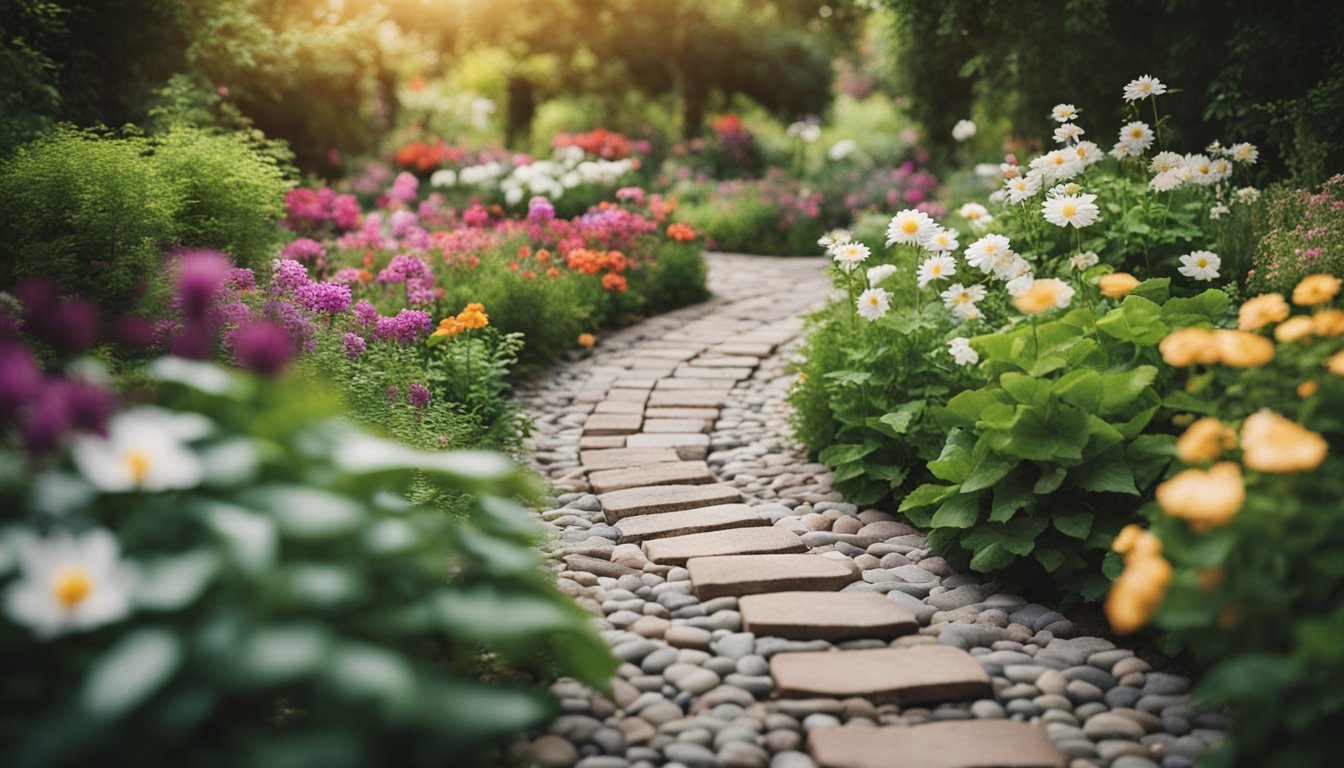 A winding garden path made of reclaimed bricks and stones, surrounded by vibrant flowers and lush greenery