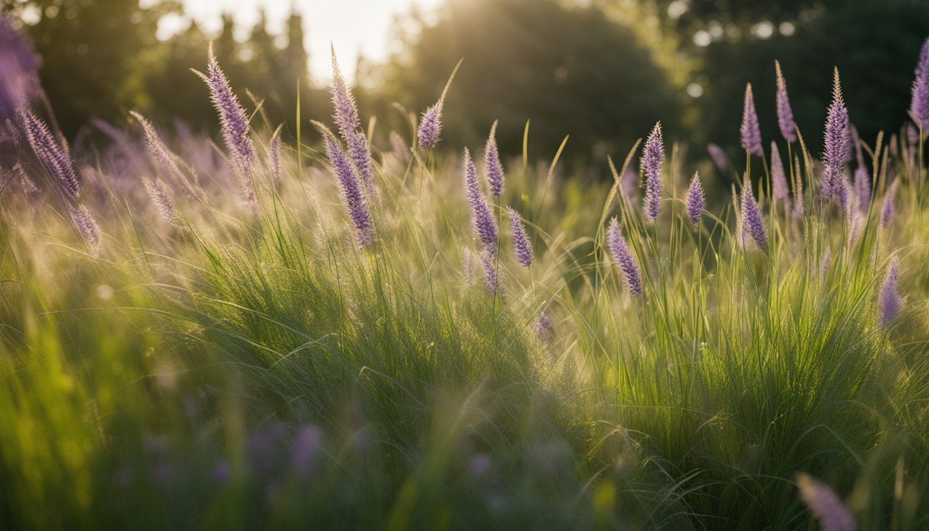 A lush garden with various native UK grasses, including tufted hair grass and purple moor grass, creating a sustainable and vibrant landscape