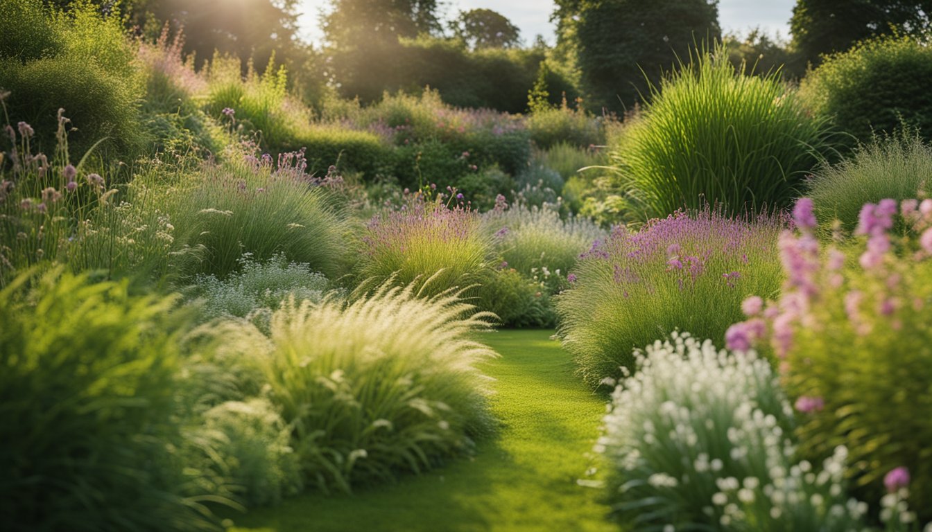 A lush garden with a variety of native UK grasses intermingled with colorful flowers. The grasses sway gently in the breeze, adding texture and movement to the planting scheme