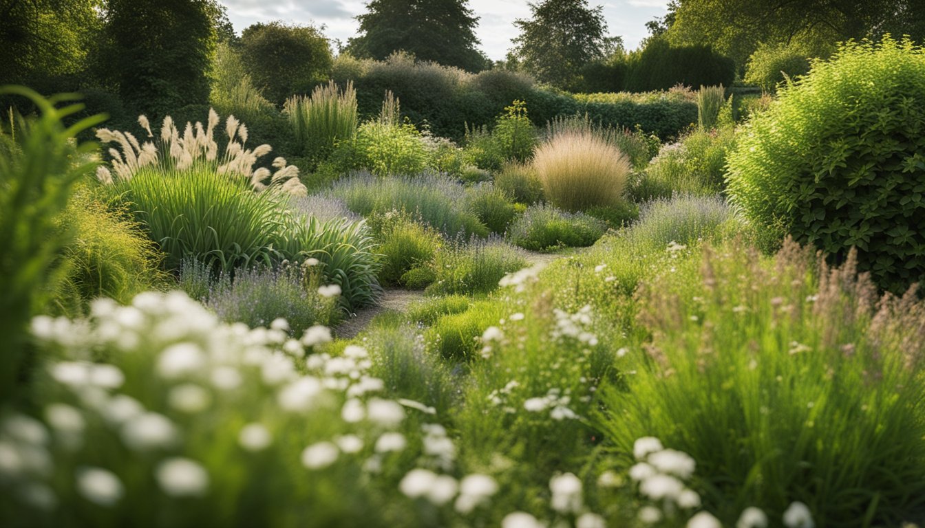 A lush garden with various native UK grasses, labeled with their names, surrounded by a diverse range of plants and flowers