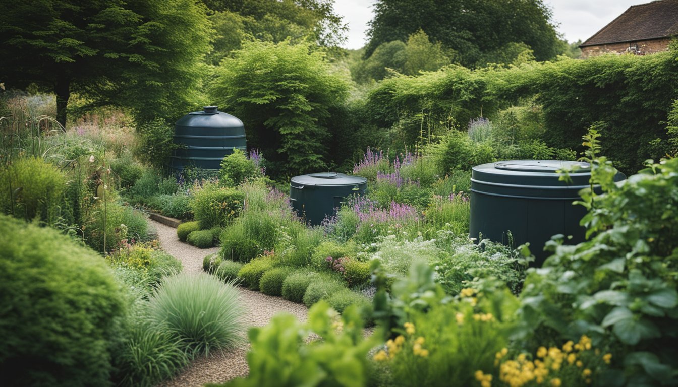 A lush UK garden with native plants, rainwater barrels, and a drip irrigation system