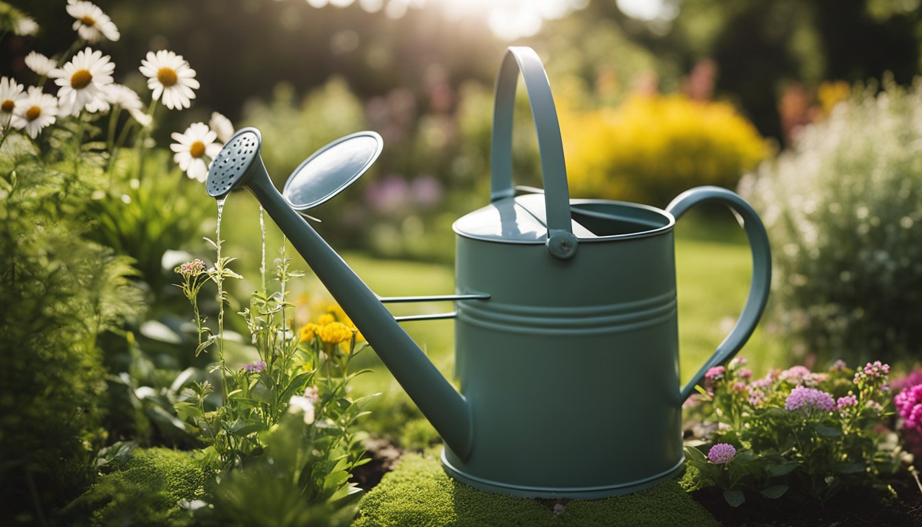 A watering can pouring water onto a variety of native UK plants in a garden setting