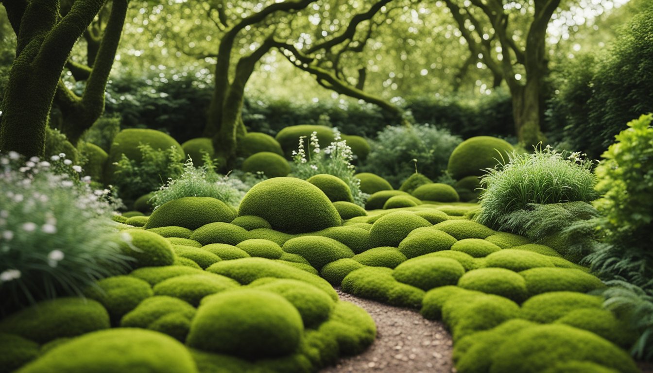 A lush garden with native UK moss integrated into the landscape, providing natural ground cover and moisture retention