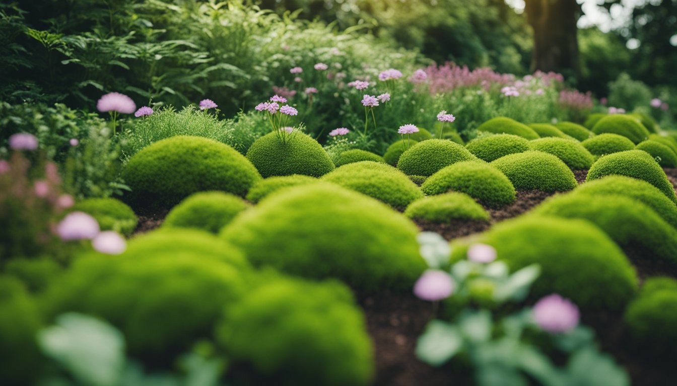 A lush garden bed with native UK moss covering the ground, surrounding vibrant green plants and flowers