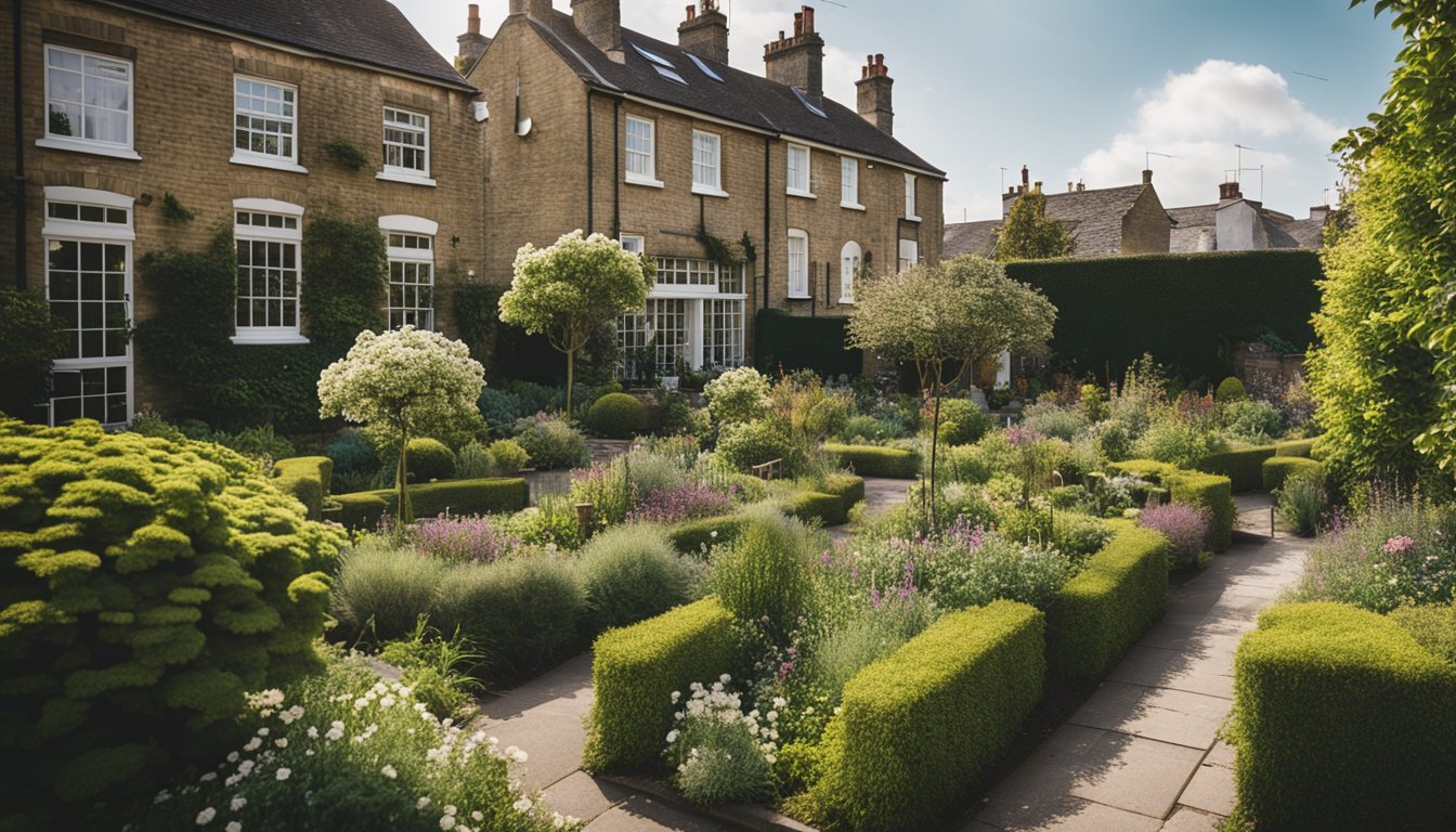 A small urban garden with native UK trees and shrubs in bloom, surrounded by a mix of buildings and greenery