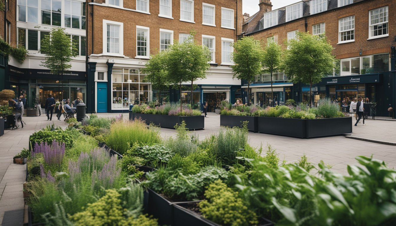 A bustling city street lined with vibrant native UK plants thriving in urban planters and green spaces, creating a harmonious blend of nature and urban life