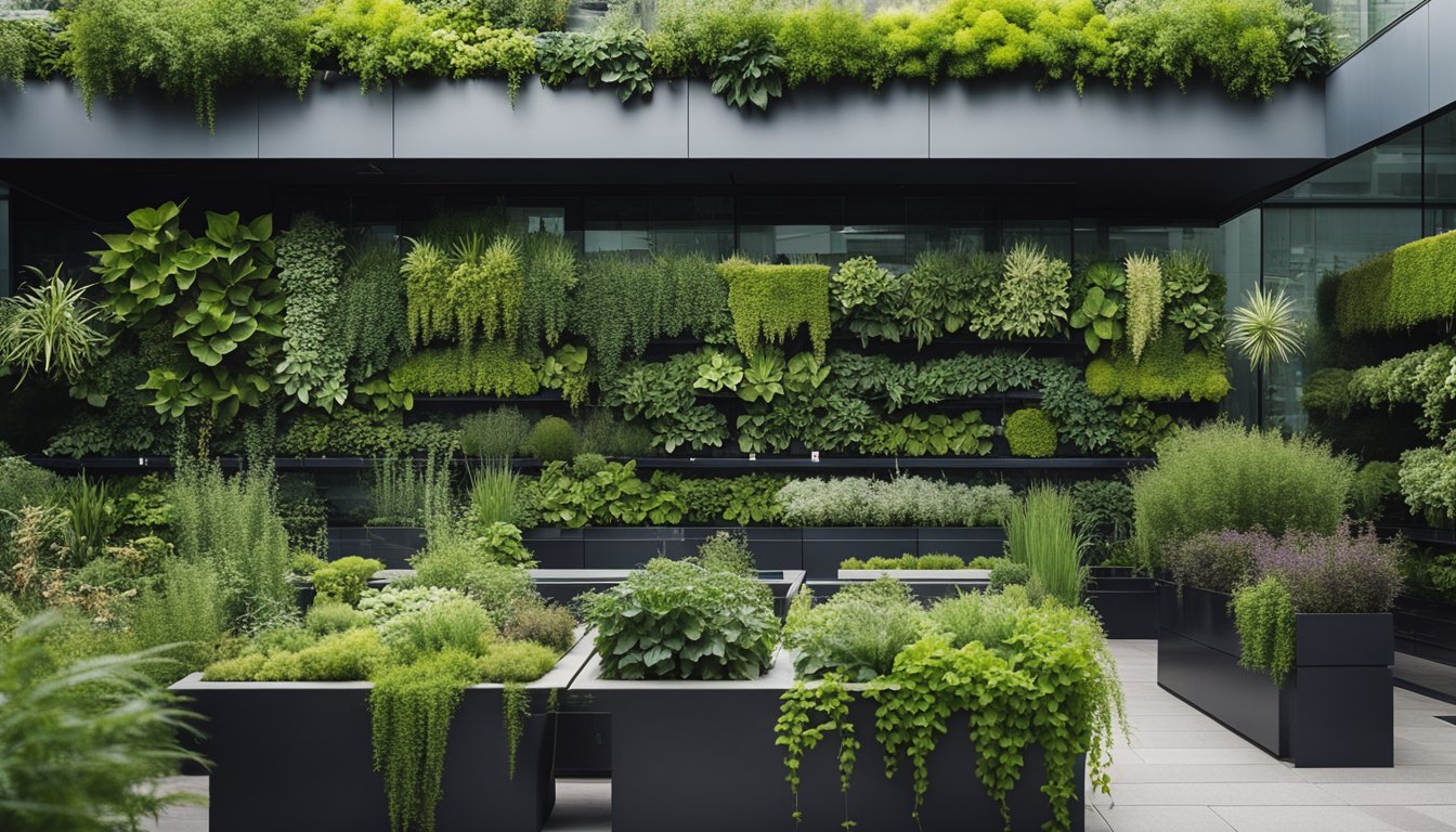 Native UK plants growing in vertical gardens on city buildings, rooftop gardens, and hanging planters. Greenery integrated into urban infrastructure and public spaces