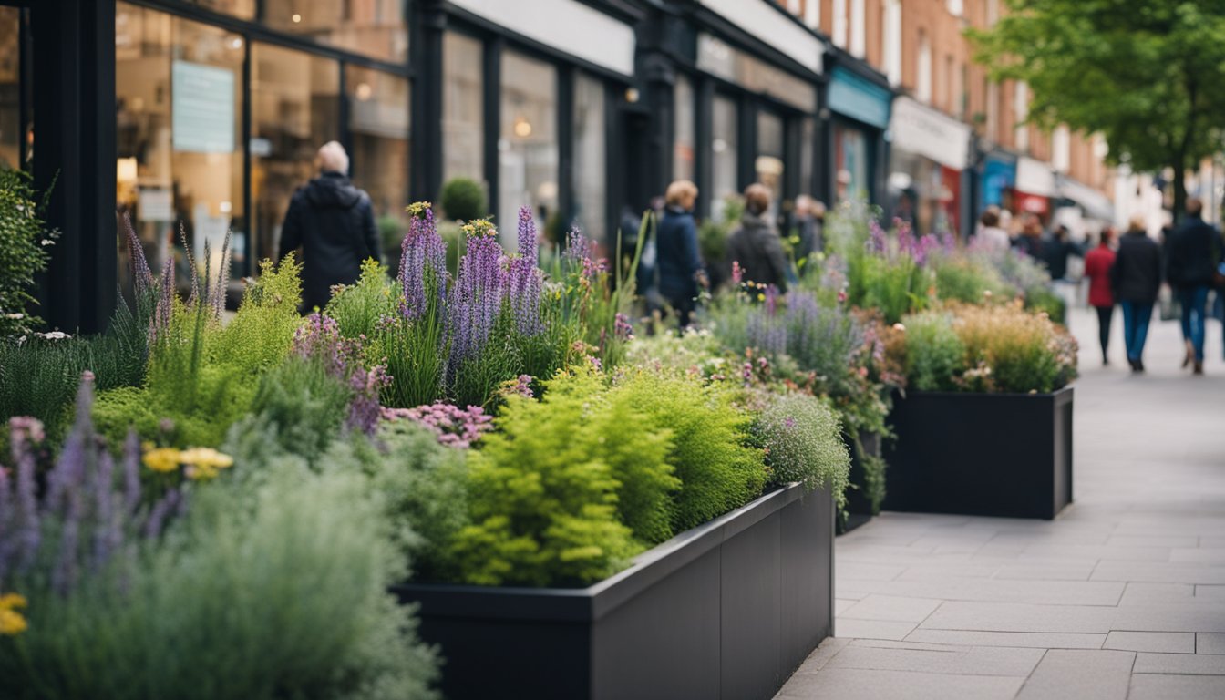 A bustling city street lined with colorful native UK plants in creatively designed urban planters. Pedestrians stop to admire and read informational signs about the innovative ways to use these plants