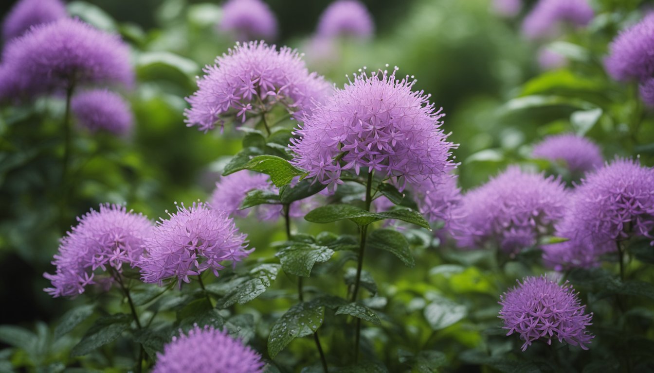 A lush garden with a variety of native UK shrubs thriving in the rain, creating ideal habitats for wildlife