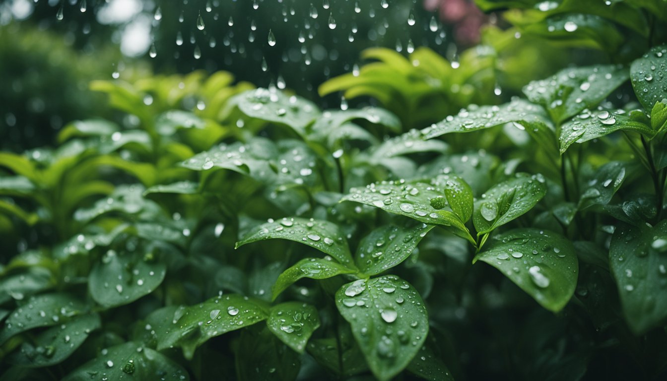 A lush garden with a variety of native UK shrubs thriving in the rain, with raindrops glistening on the leaves