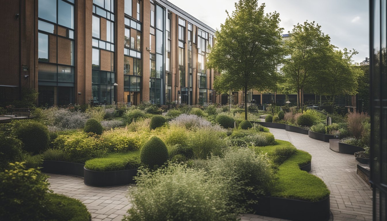 A city garden with native UK shrubs, surrounded by urban buildings and paved pathways