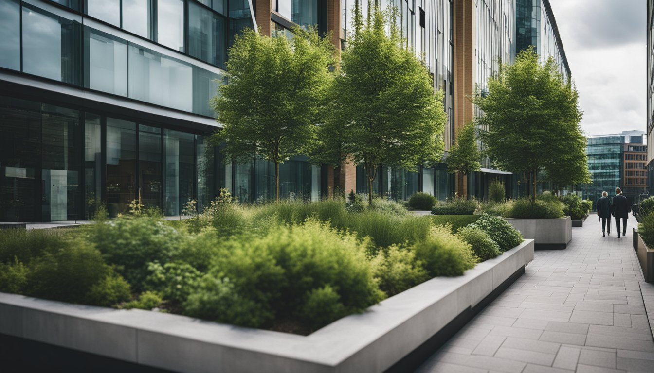 A bustling urban space with native UK shrubs and trees, creating a green oasis among the buildings