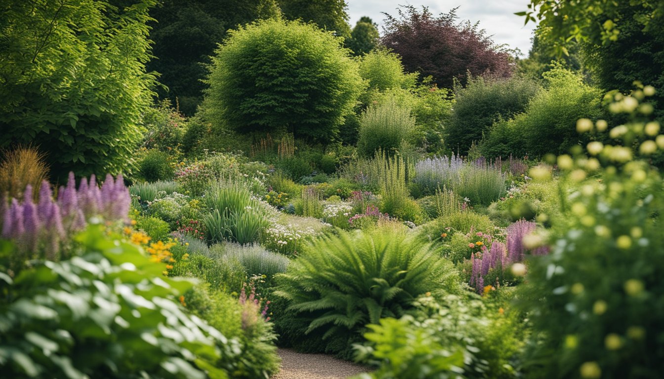 A lush garden filled with a variety of native plants, attracting diverse wildlife in a bustling UK city