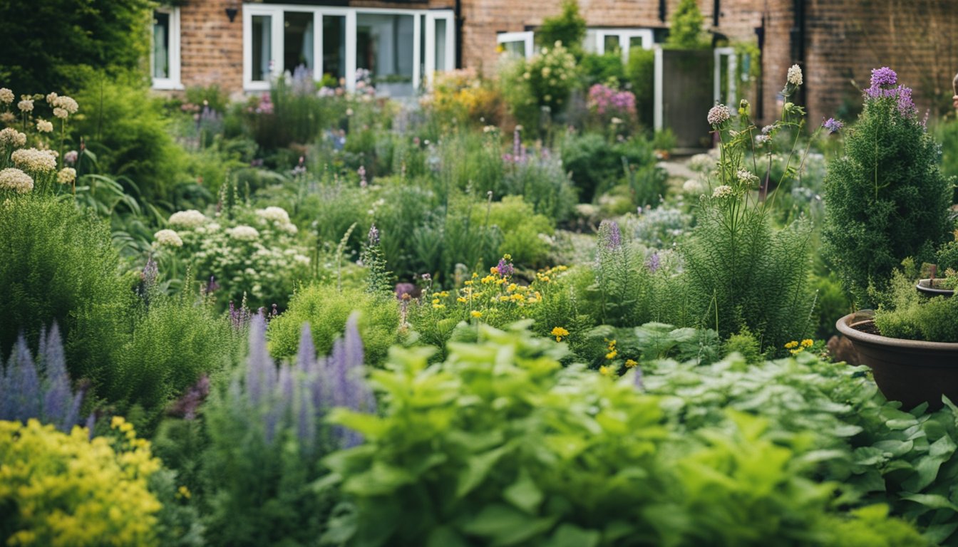 A lush urban garden in the UK with a variety of native plants thriving in carefully designed and managed beds, attracting birds and insects