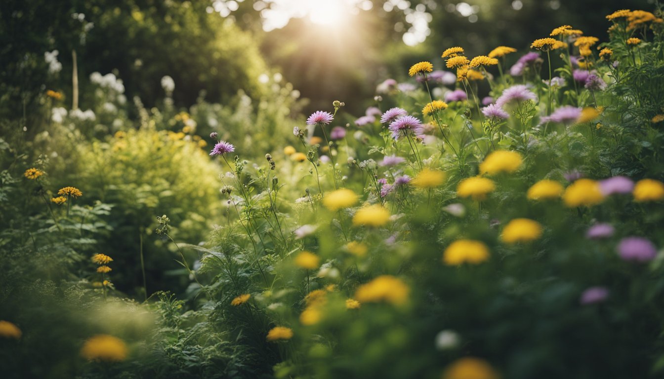 A lush UK city garden with a diverse array of native plants, including vibrant flowers, tall grasses, and leafy shrubs. Bees and butterflies flit among the foliage