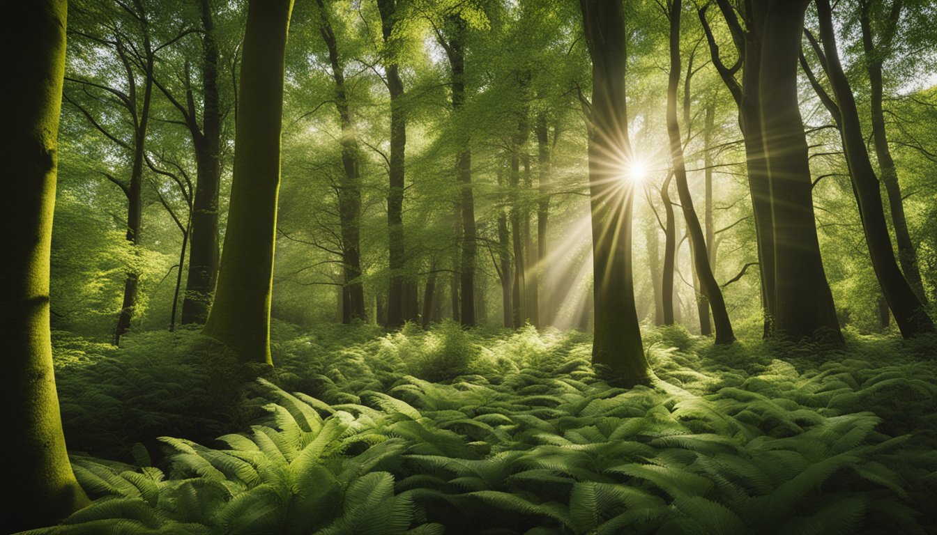 A lush forest of native UK trees standing tall, with sunlight filtering through the leaves and a variety of flora and fauna thriving below