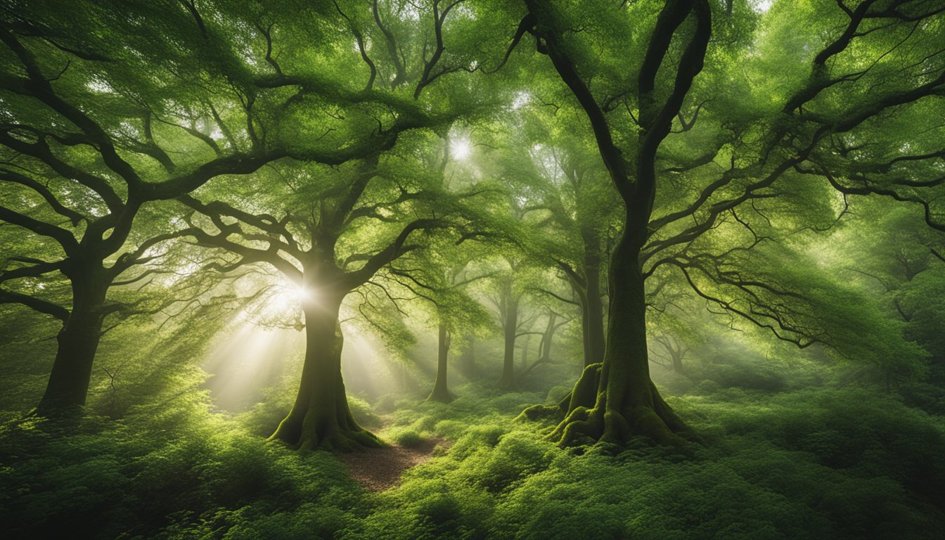 A lush forest of native UK trees with a diverse canopy, showing the process of carbon sequestration through the absorption of CO2 from the atmosphere