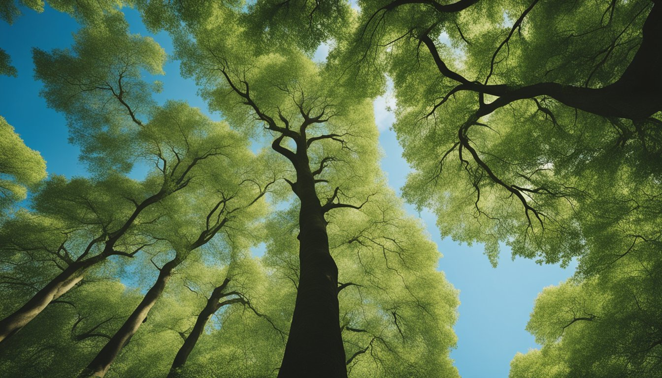 A lush forest of native UK trees with leaves rustling in the breeze, surrounded by clear blue skies and birds flying overhead