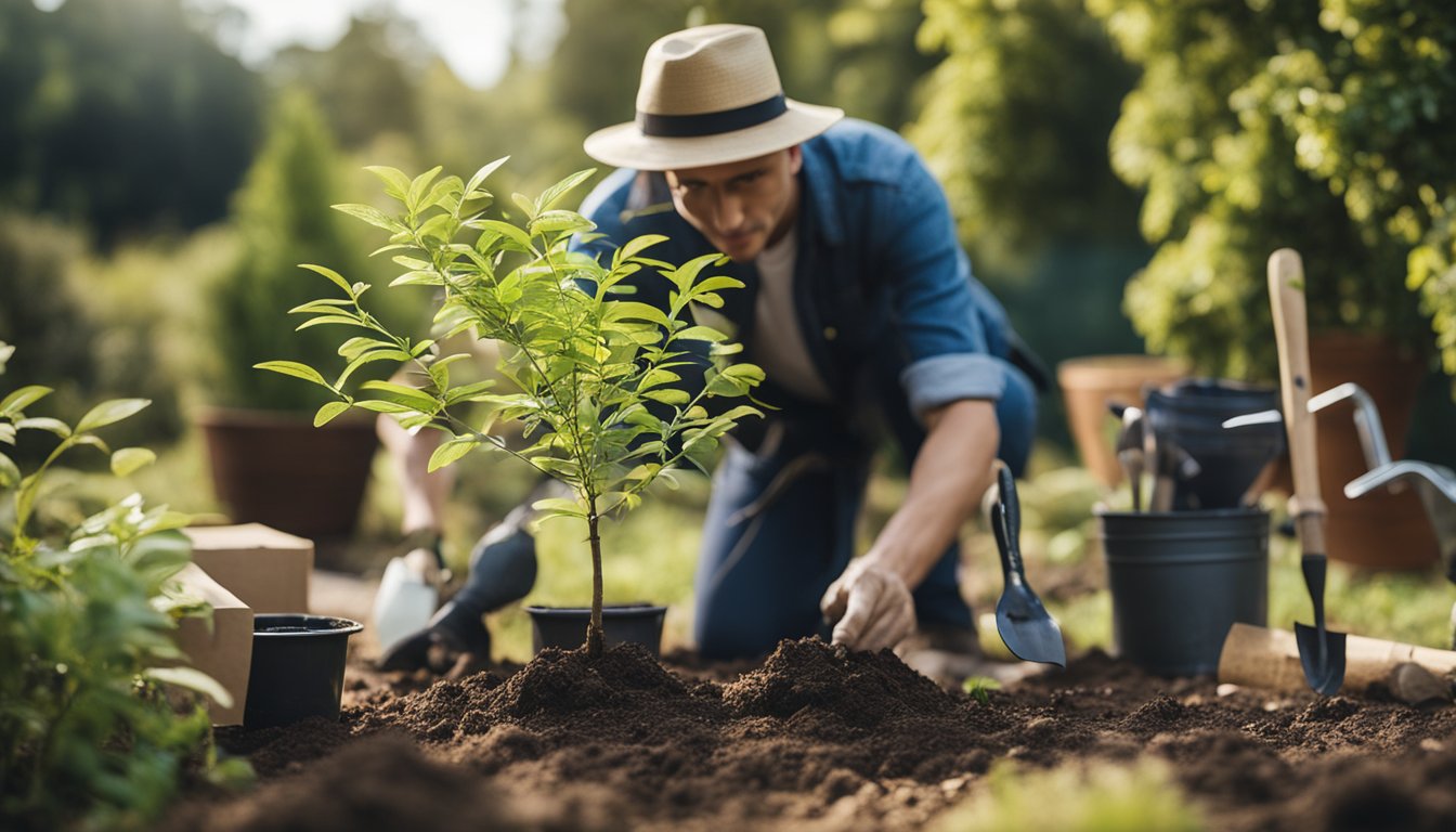 A person planting a young native tree in a garden, surrounded by various tools and a guidebook