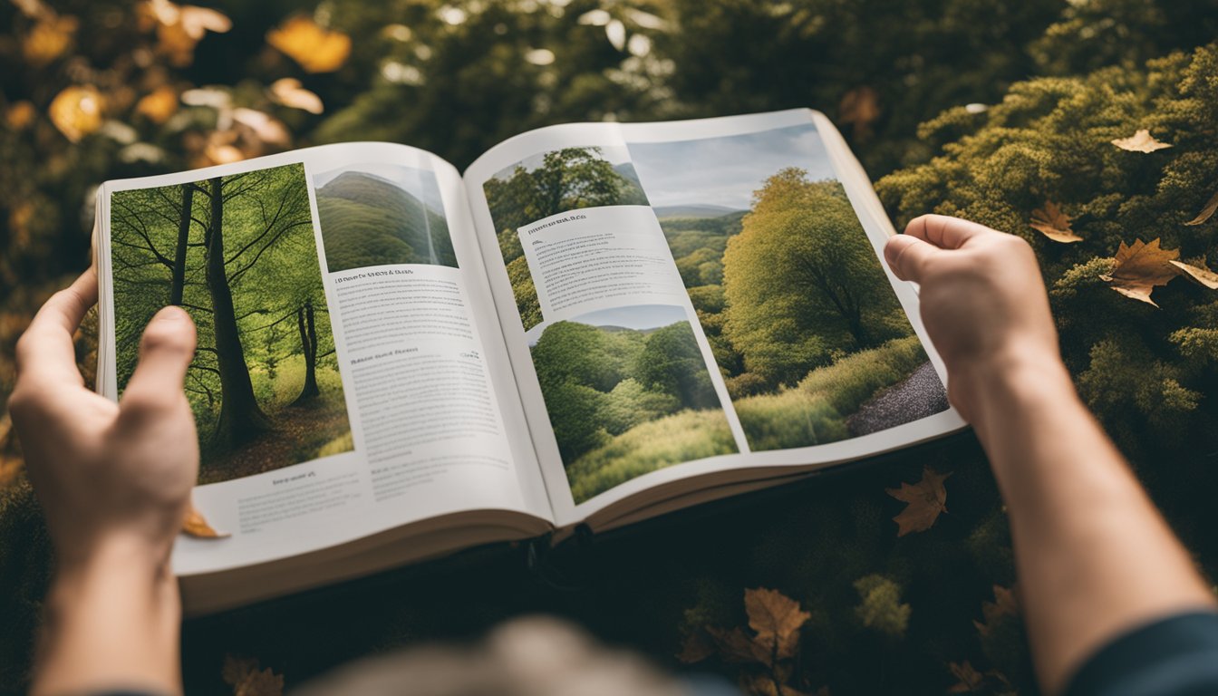 A person flipping through a colorful guidebook filled with illustrations of native UK trees, surrounded by nature