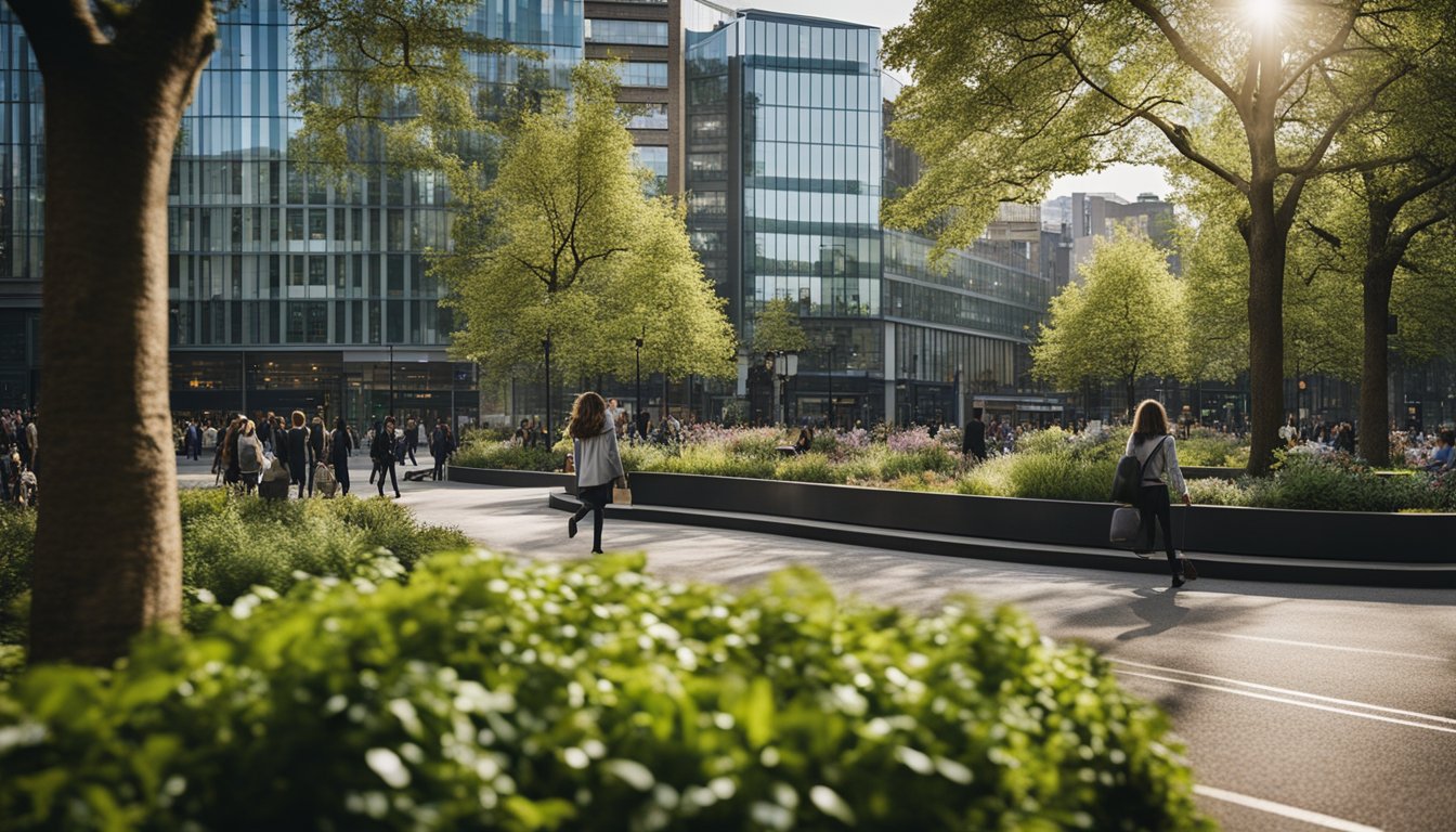 A bustling city street with a lush urban garden featuring native UK trees, surrounded by modern buildings and busy pedestrians