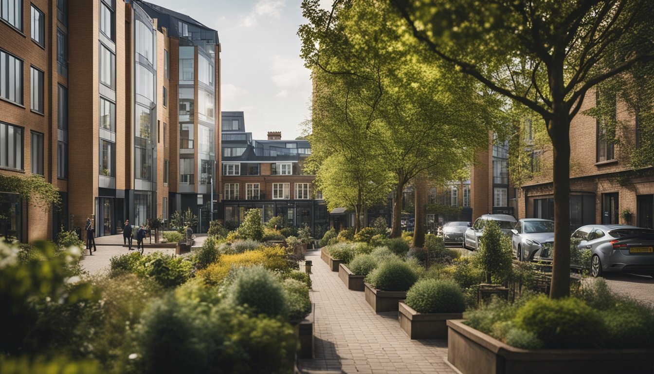 A cityscape with small gardens filled with native UK trees, surrounded by urban buildings and streets