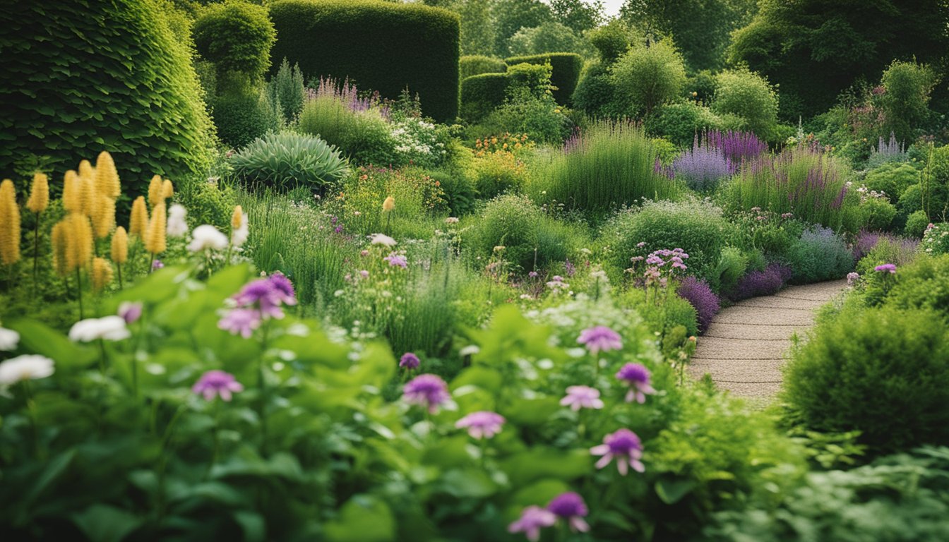 A lush UK garden with a variety of native plant species arranged in creative and visually appealing ways, showcasing the beauty and versatility of using local flora in garden designs