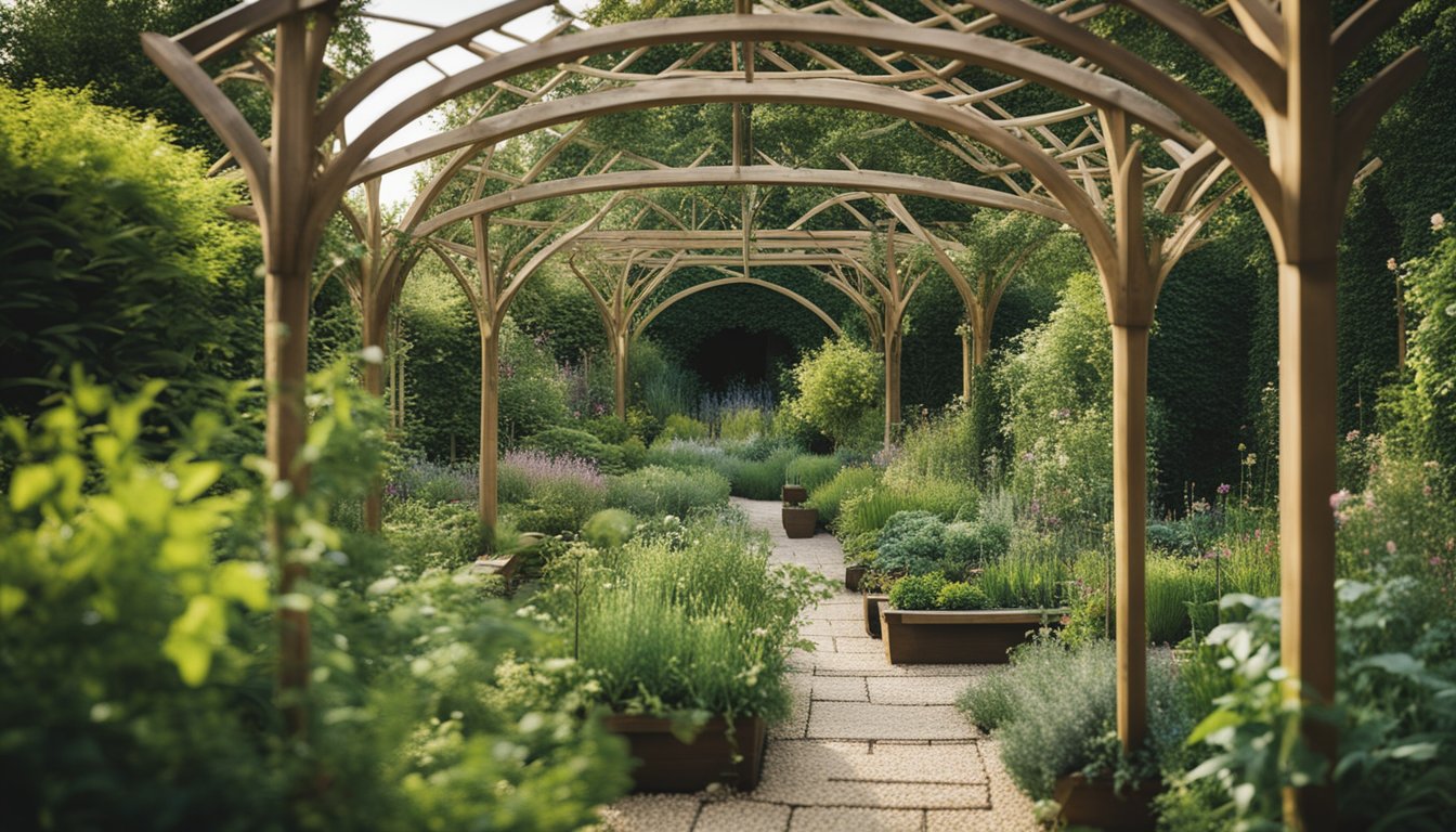 A lush UK garden with native plants woven into structural elements like trellises, arches, and raised beds, creating a harmonious and sustainable design