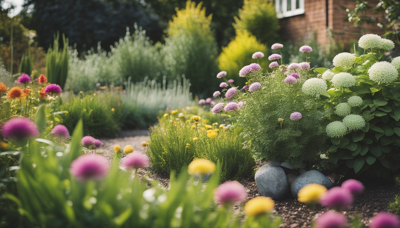 A garden with blooming native UK plants in different seasons, surrounded by gardening tools and a guidebook