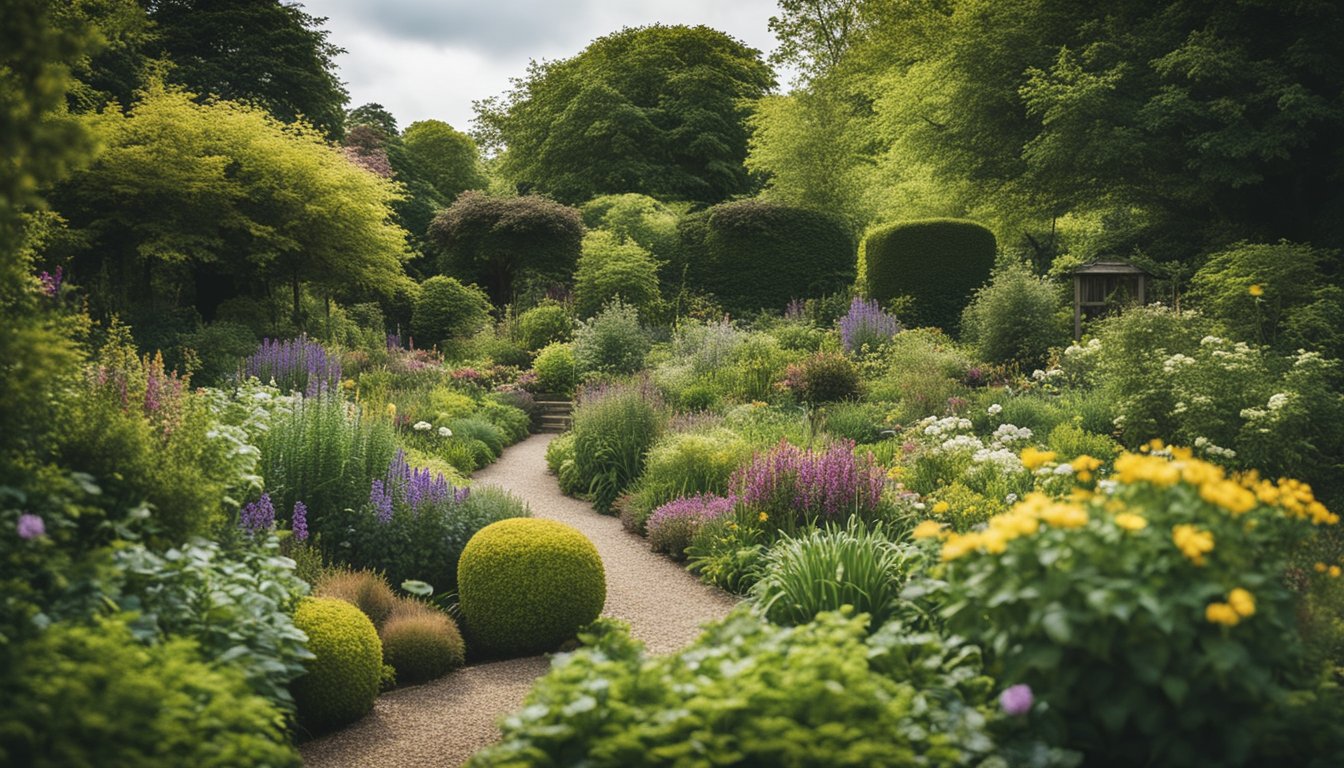 A lush UK garden with changing seasonal flora and fauna, featuring blooming flowers, falling leaves, and varying weather conditions