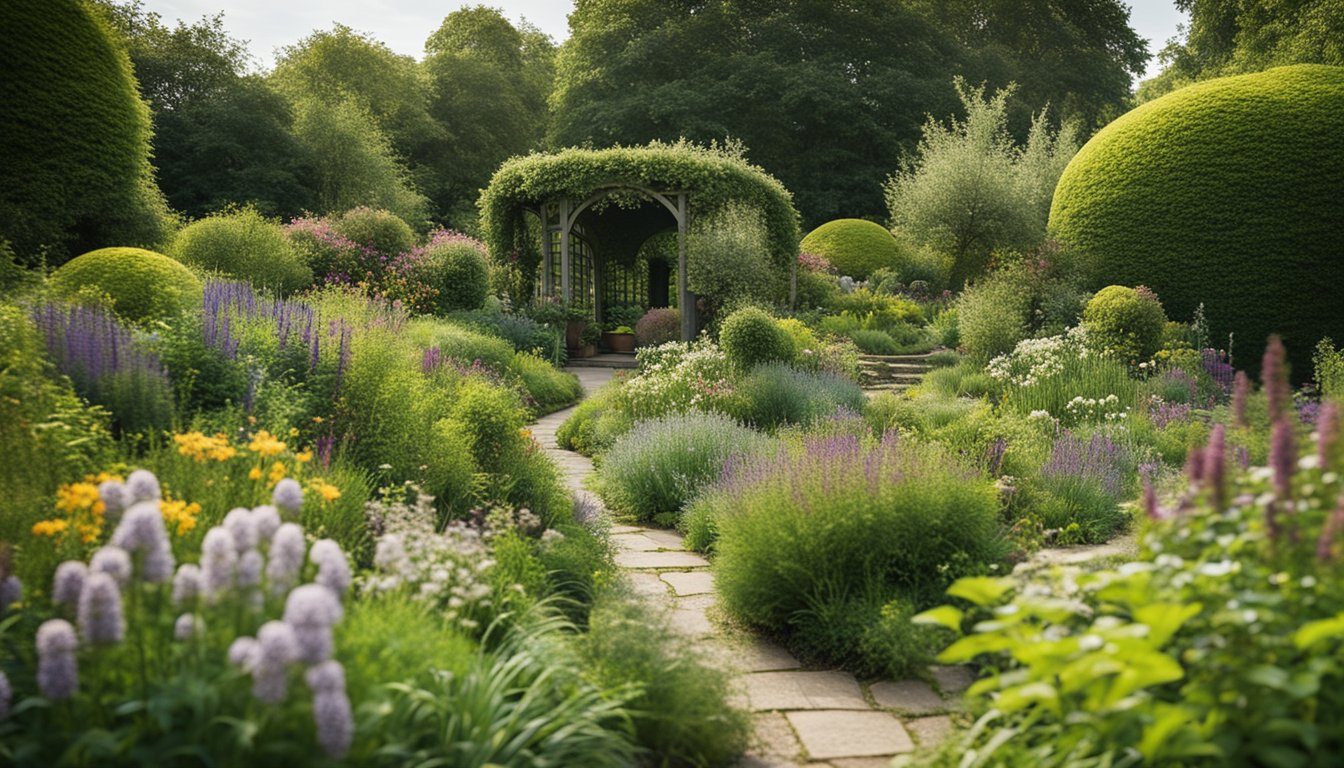 A lush UK garden with changing seasonal landscapes, featuring native plants and flowers. A FAQ section with gardening tips is displayed prominently