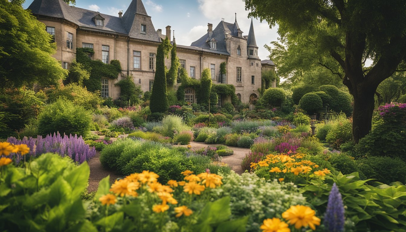 A lush garden with a variety of native plants, including colorful flowers, grasses, and trees. In the background, a historical building or structure adds to the sense of the garden's rich history