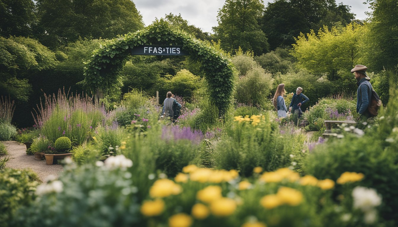 A garden with native UK plants, a small sign with "FAQs" and people exploring