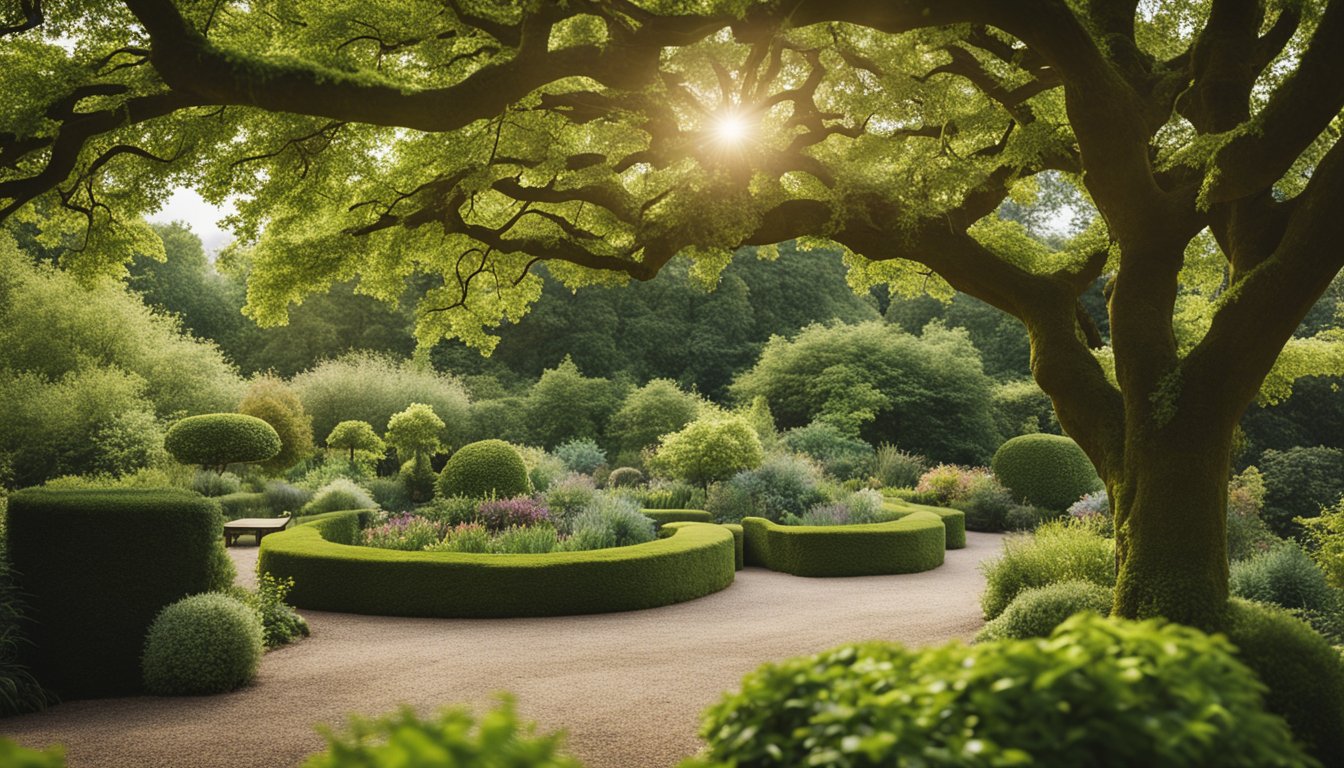 A lush garden with a variety of rare native UK trees, including oak, yew, and holly, creating a vibrant and diverse landscape